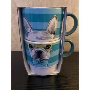 French Bulldog Gourmet Edge Stoneware stackable coffee mugs 14.5oz set of 2 NEW